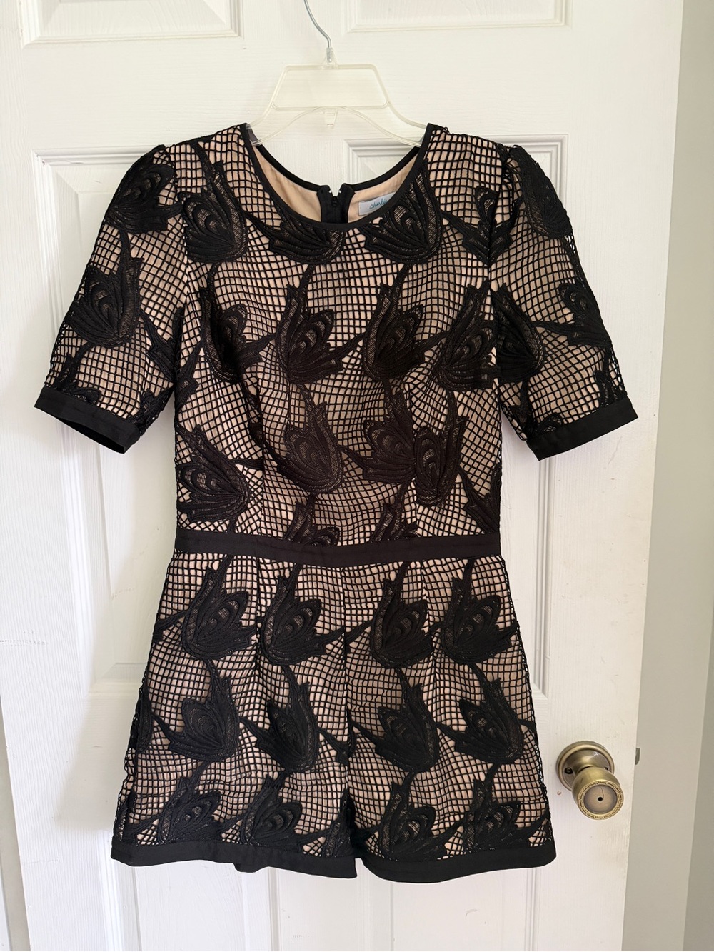 charlie jade Black Lace Overlay Mini Dress with Nude Underlay